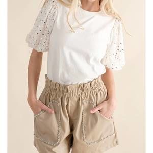 NEW BLUE B puff sleeve sequin top in white